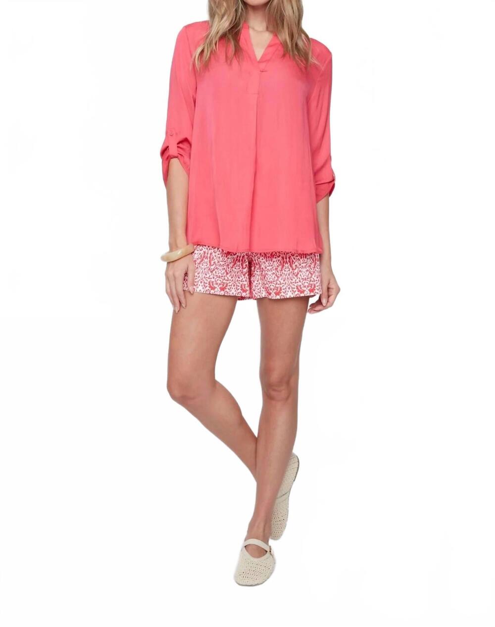 NEW RENUAR roll-tab sleeves woven blouse in geranium